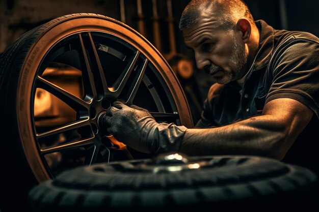 A man working on a car wheel