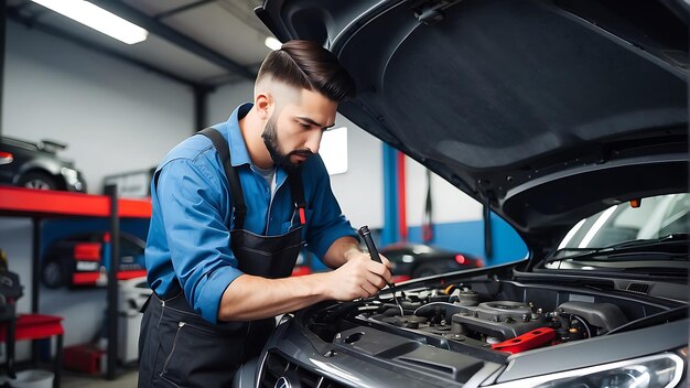 フードを開けた車の上で働く男性