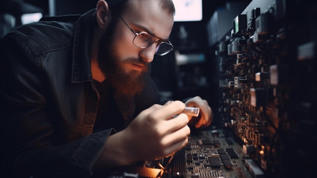 バックグラウンドでコンピューターを使用して回路基板で作業する男性