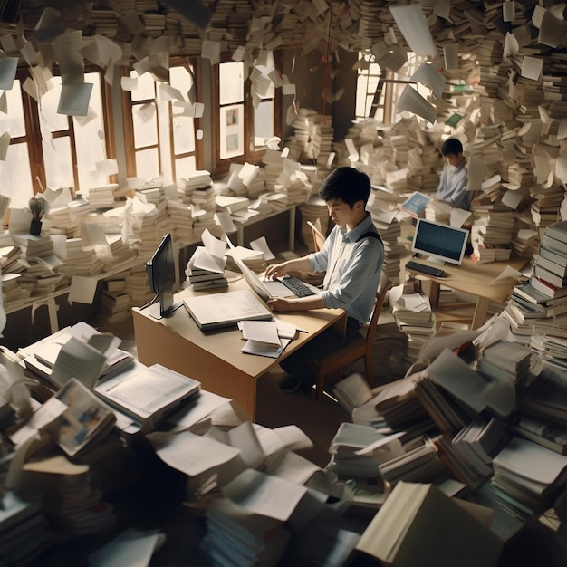 a man working in a cluttered room with many books and papers.