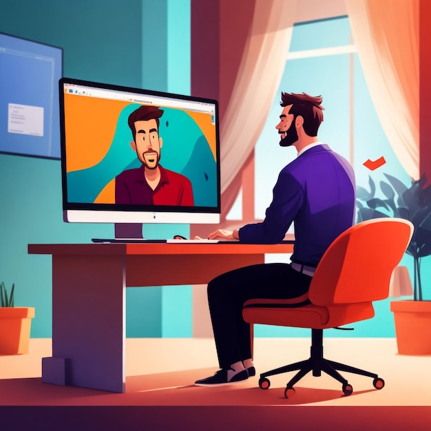 Man working on computer Modern setup illustration