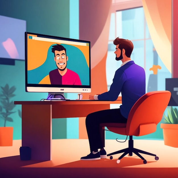 Man working on computer Modern setup illustration