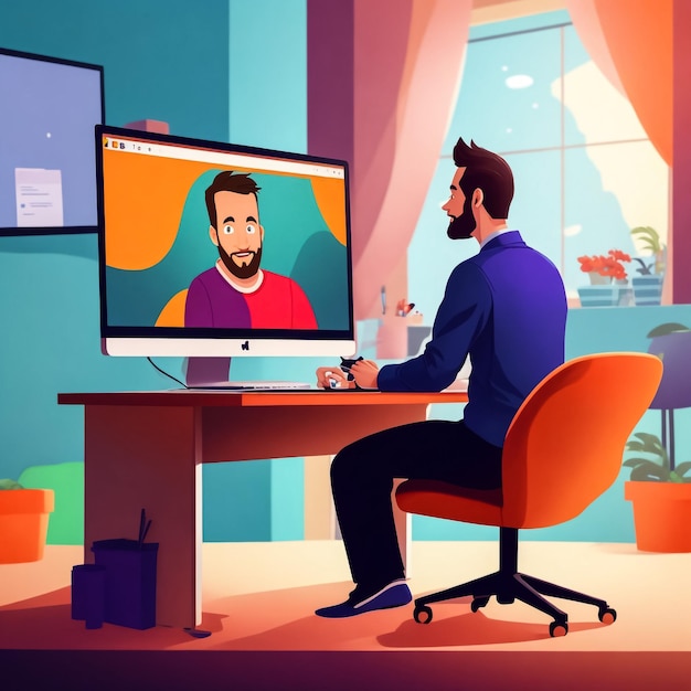 Man working on computer Modern setup illustration