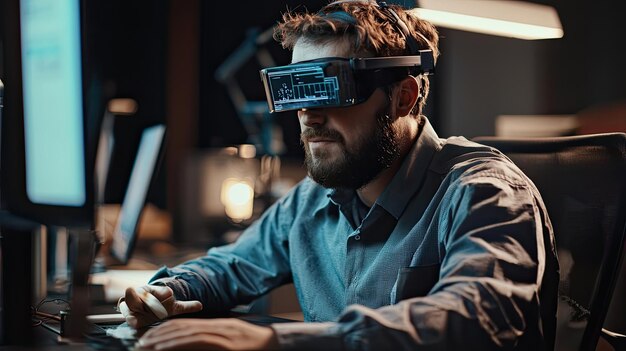 man working on computer wearing vr headset digital technology virtual reality coding programming modern workspace innovation focus immersive experience generative ai