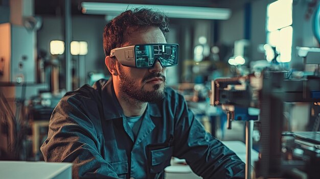 man working on computer wearing vr headset digital technology virtual reality coding programming modern workspace innovation focus immersive experience generative ai