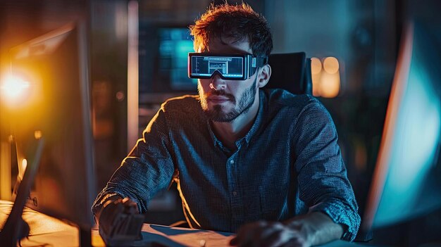 Человек, работающий на компьютере, носящий наушники VR Цифровая технология программирование виртуальной реальности современное рабочее пространство инновации фокус погружающий опыт Генеративный ИИ