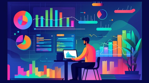 Photo a man working on a computer with a background of graphs and charts.