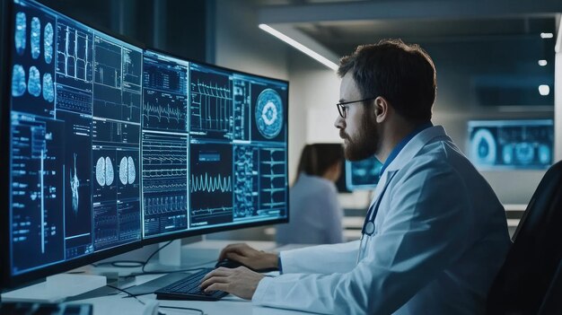 a man working on a computer with a computer screen showing a man working with a computer with data a