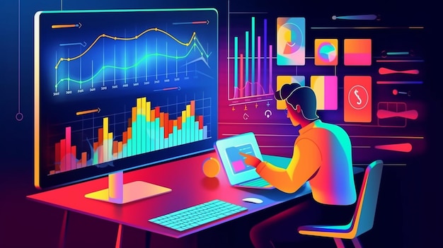 Мужчина работает за компьютером с графиком, показывающим статистику.