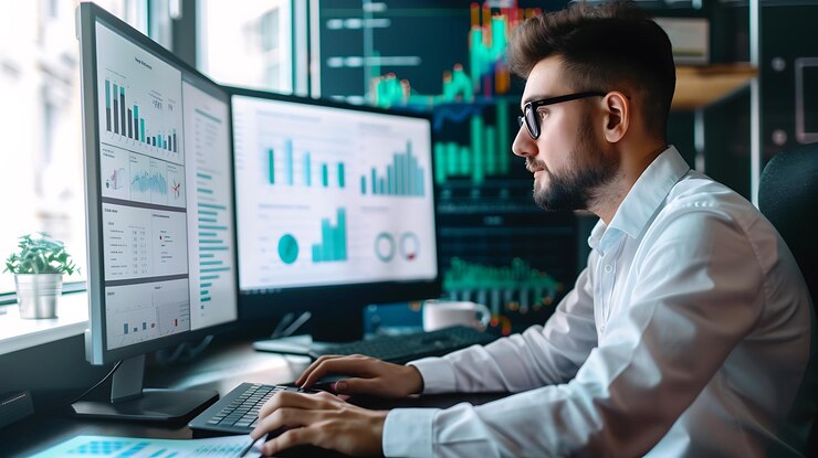 Photo a man working on a computer with a graph showing the time of 11 30