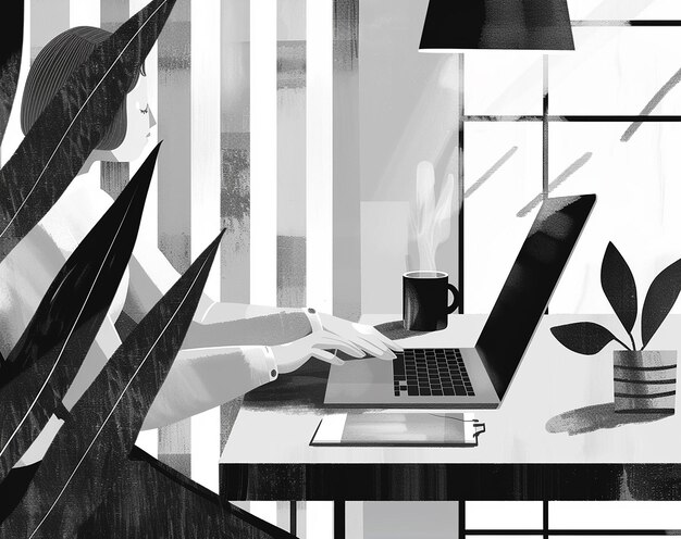 a man working at a computer with a large leaf on the top