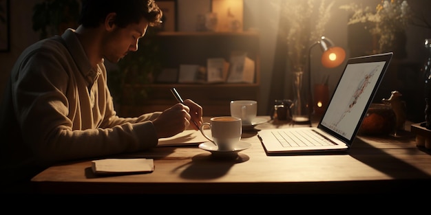 Man Working at Desk with Coffee