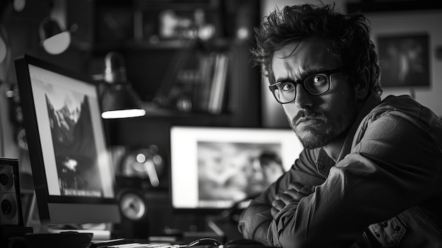 Photo man working at desk with computer