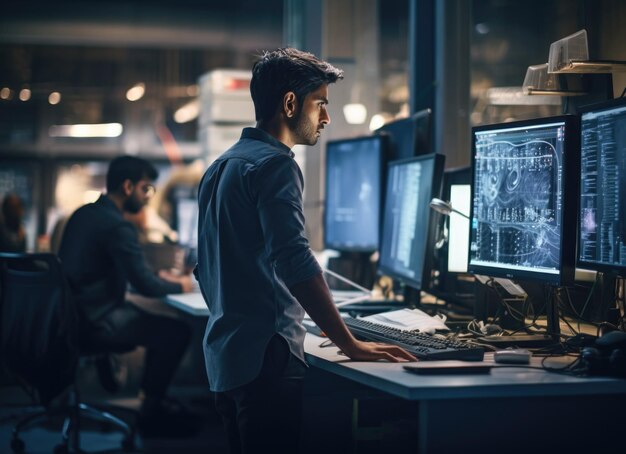 Foto uomo che lavora alla scrivania con il computer