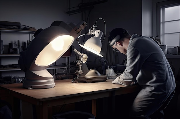 A man working on a desk with lamps