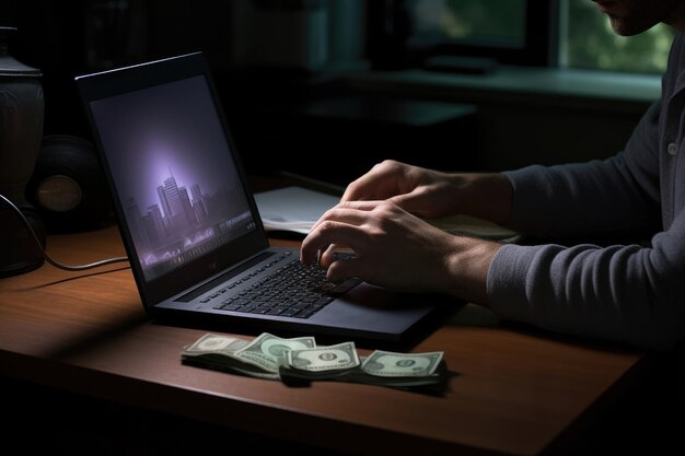 Photo a man working at a desk with a laptop and money