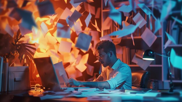 Photo man working at desk with laptop