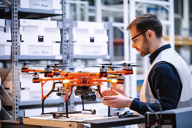 A man working on a drone in a factory