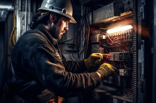 A man working on an electrical box with the word electric on it