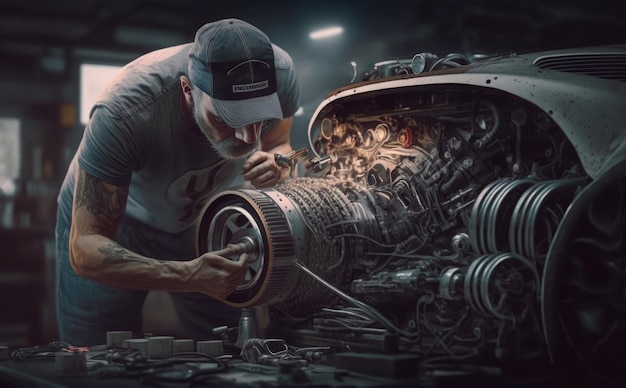 A man working on a engine with a cap on.