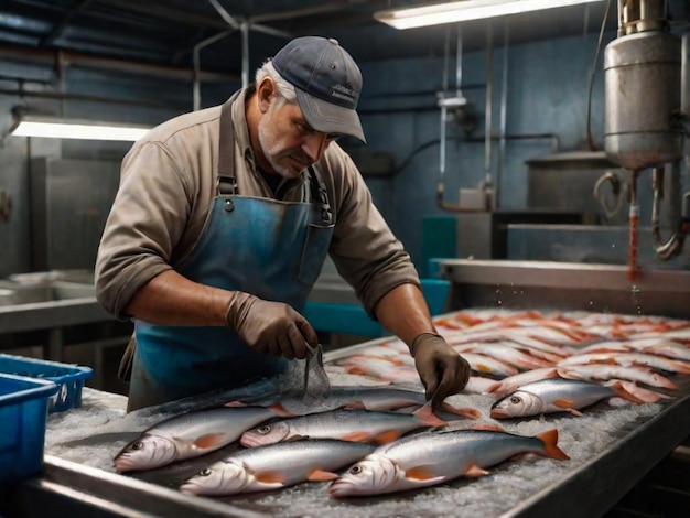 Foto un uomo che lavora nell'industria del pesce che prepara pesce fresco