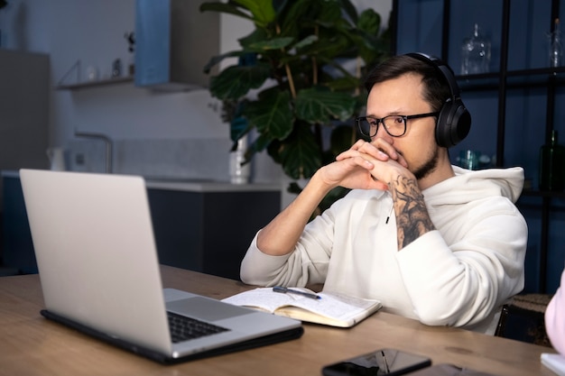 Man working from home at desk with laptop