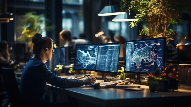 Man working in front of multiple display monitor Analyze chart data graph and risk Concept of de