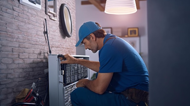 A man working on a gas furnace in a home