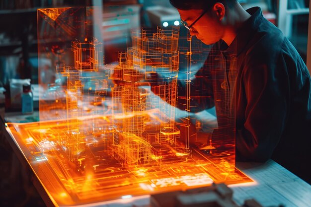 Photo man working on a glass sculpture with a blowtorch engineering project in progress with a holographic double exposure effect ai generated