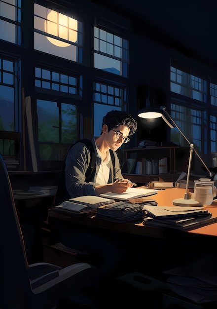 man working hard at his desk at nightteacher workingmale