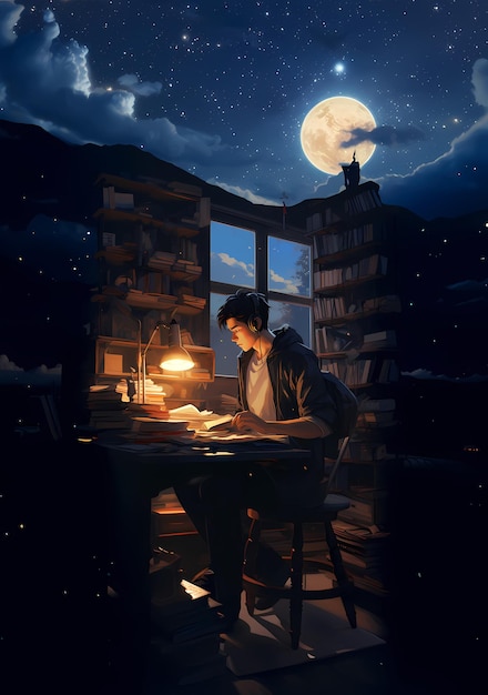 man working hard at his desk at nightteacher workingmale