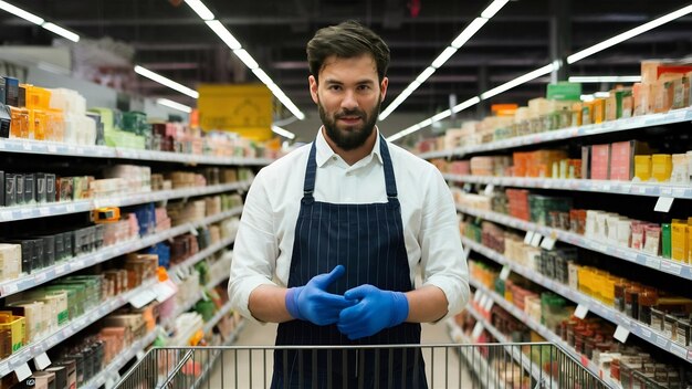 Man working hard in supermarket