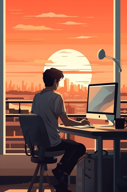 Мужчина работает за компьютером в офисе на фоне городского пейзажа