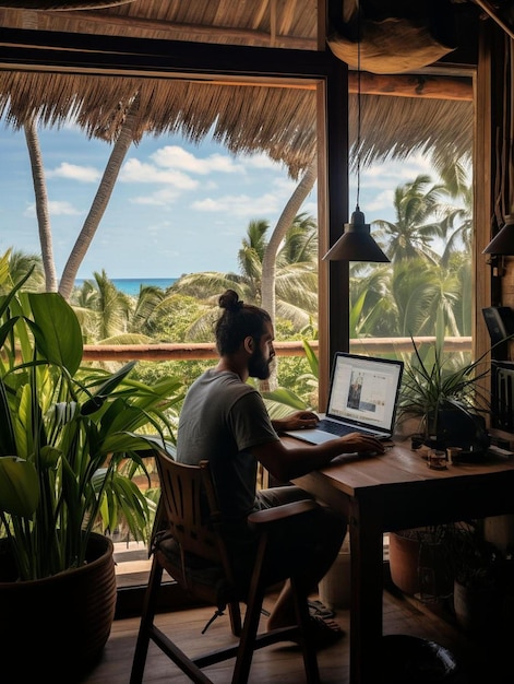 Photo a man working on his laptop in front of a window overlooking the ocean.