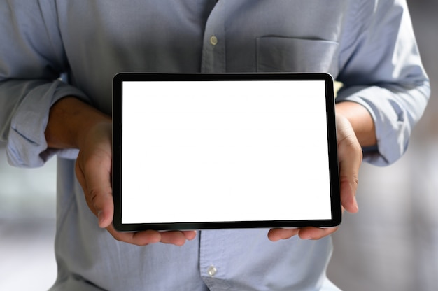 Man working on his laptop with blank copy space Laptop with blank screen Mock up Blank screen computer