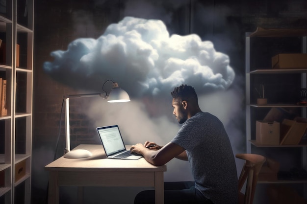 A man working at his laptop with a cloud above his head a cloud