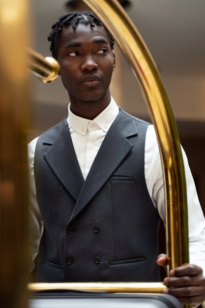 Man working at hotel front view