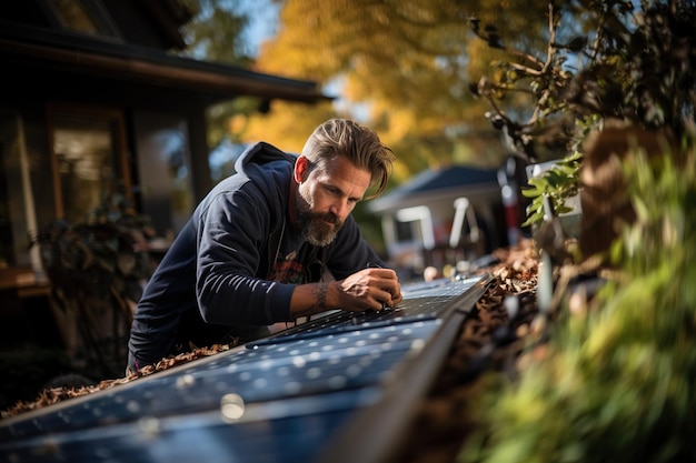 man working on a house solar panel sustainable energy concept