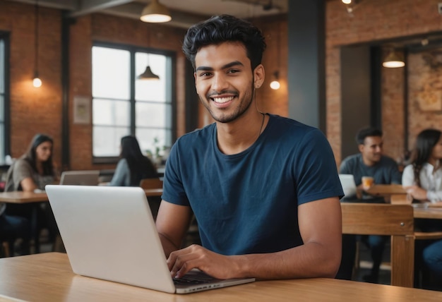 Man working intently on laptop at a coffee shop