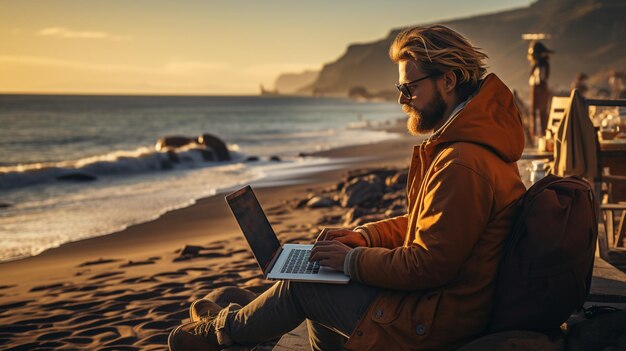 Photo man working on laptop on the beach generative ai