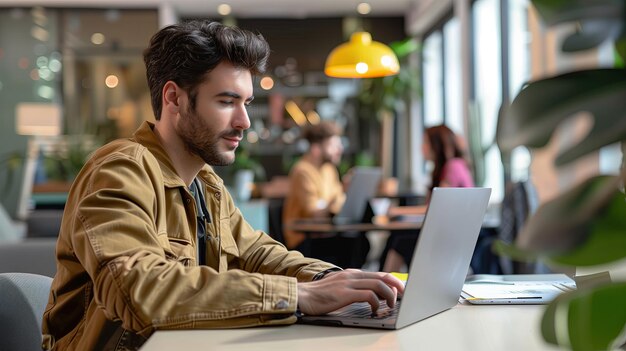 Man working on laptop in cafe blurr people in background