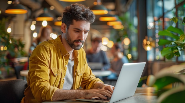 Man working on laptop in cafe blurr people in background