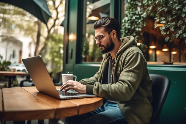 カフェでコーヒーカップを背景にラップトップで作業している男性