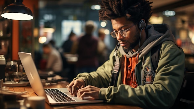 Photo a man working behind laptop in the coffee shop