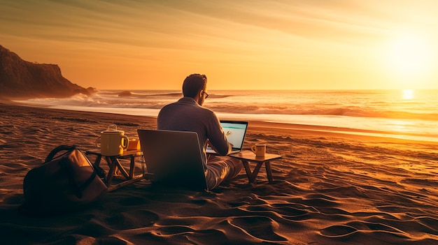 man working on laptop computer on beach at sunset time