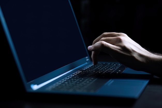 Man working on laptop computer in the dark