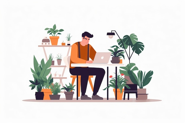 A man working at a laptop in front of a plant