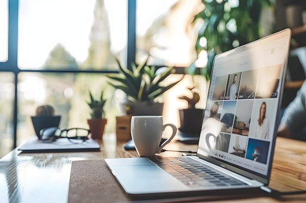 Photo man working on laptop at home office near window