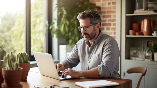 man working at laptop in home office