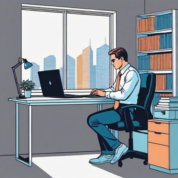 Photo a man working on laptop at the office desk color outline illustrations